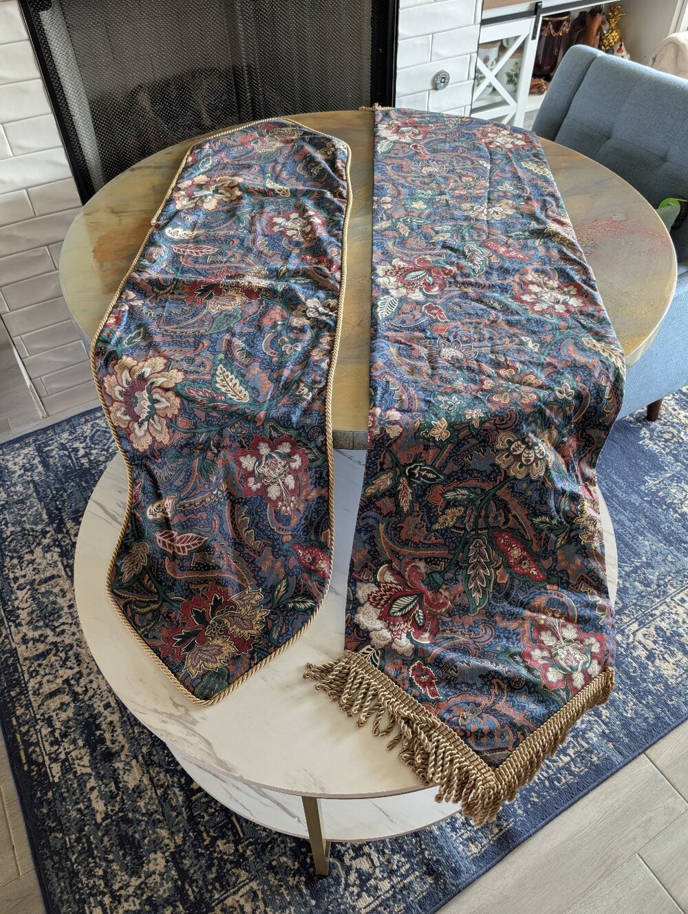 Custom Botanical Teal Table, Console, Dresser Topper Runner Lined